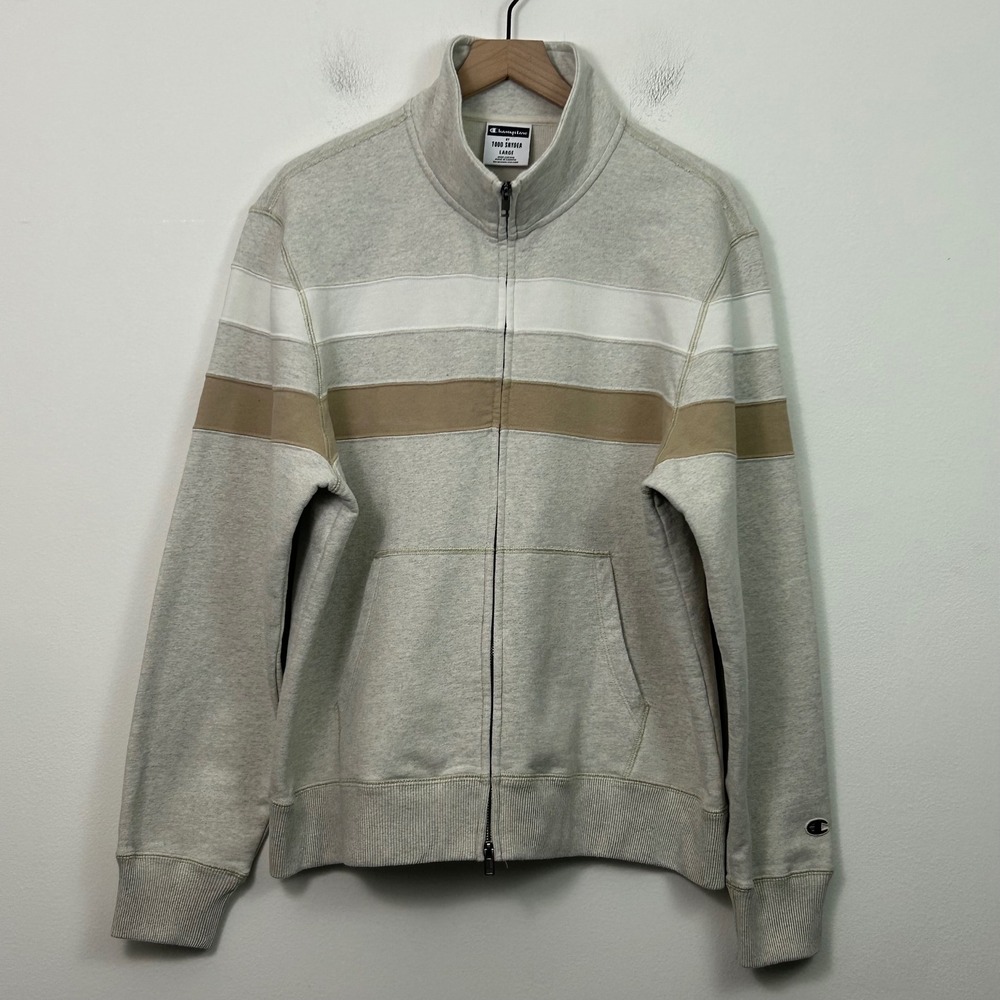 Champion x Todd Snyder Mens Full Zip Striped Sweatshirt Oatmeal Heather Large